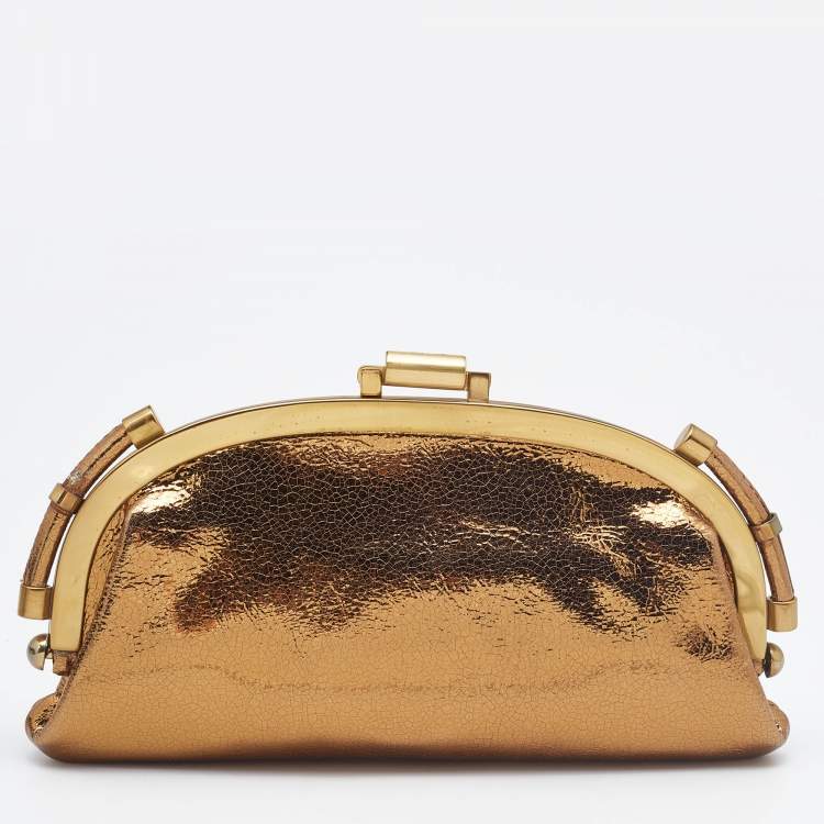 Pre Owned Chloe Gold Crinkled Laminated Leather Frame Clutch 