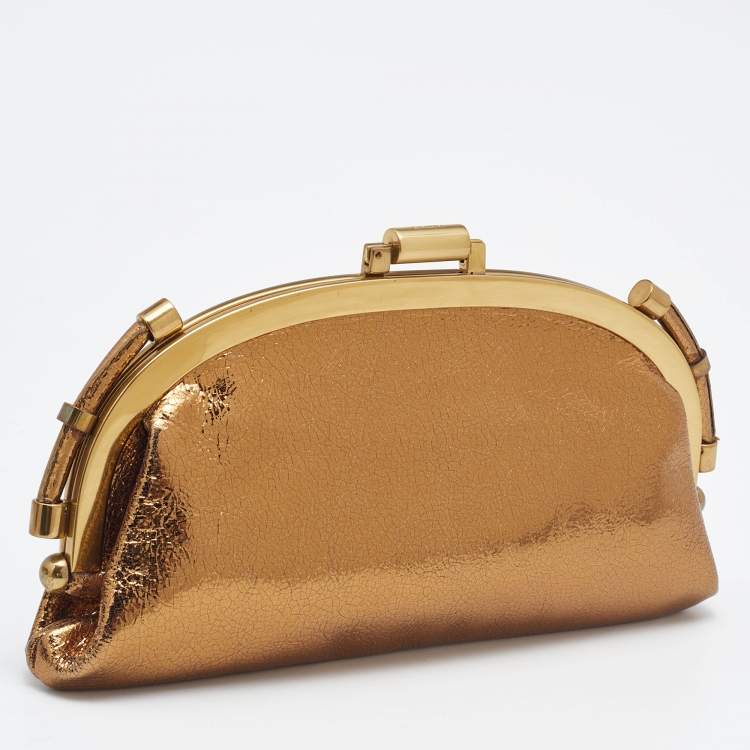 Pre Owned Chloe Gold Crinkled Laminated Leather Frame Clutch 
