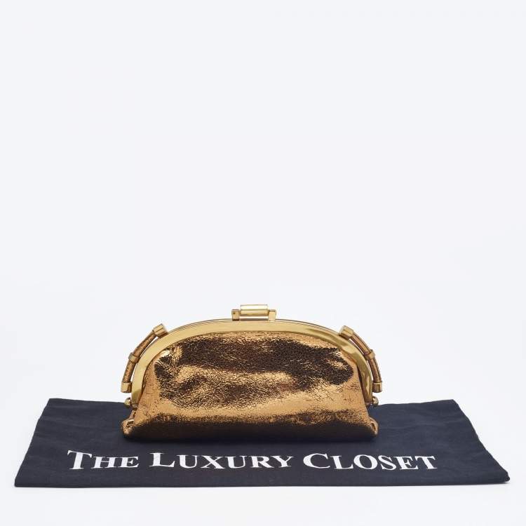 Pre Owned Chloe Gold Crinkled Laminated Leather Frame Clutch 