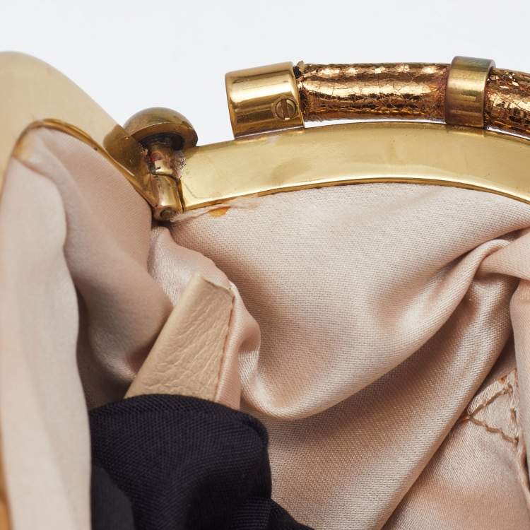 Pre Owned Chloe Gold Crinkled Laminated Leather Frame Clutch 