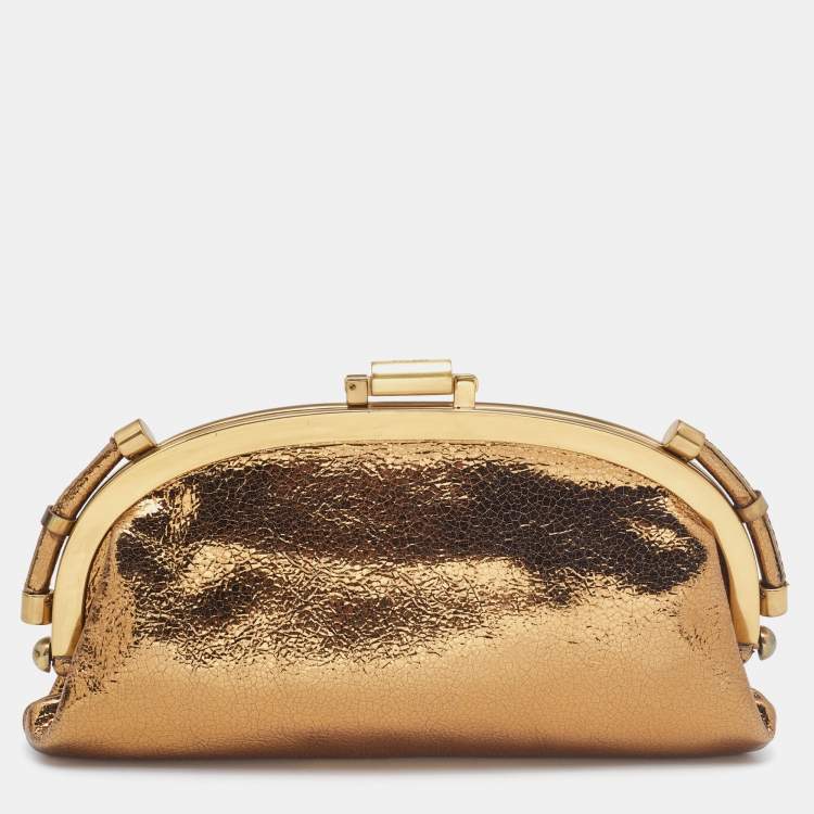 Pre Owned Chloe Gold Crinkled Laminated Leather Frame Clutch 