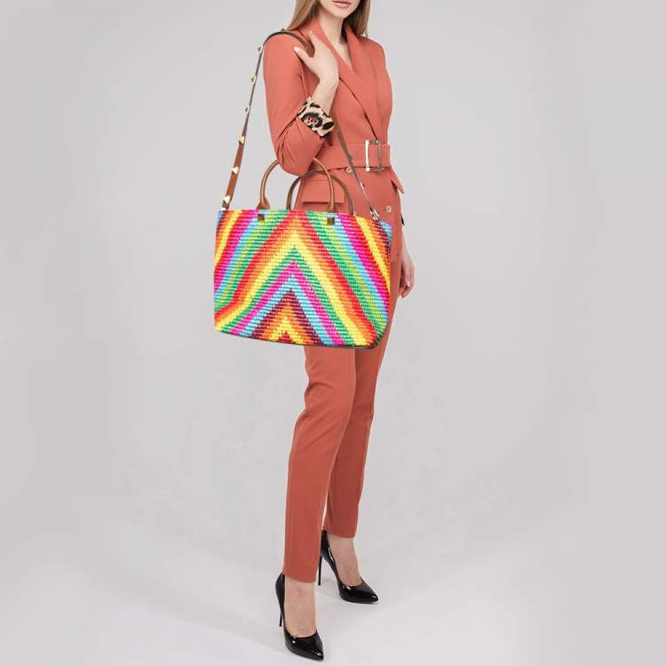 Pre Owned Valentino Multicolor Raffia and Leather Rockstud Summer Tote