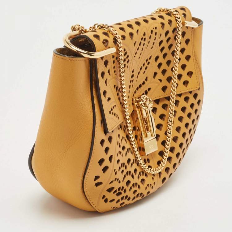Pre Owned Chloe Mustard Pineapple Perforated Leather Medium Drew Shoulder Bag