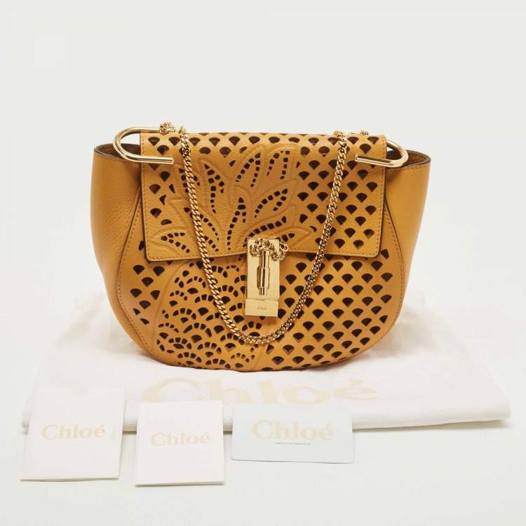 Pre Owned Chloe Mustard Pineapple Perforated Leather Medium Drew Shoulder Bag
