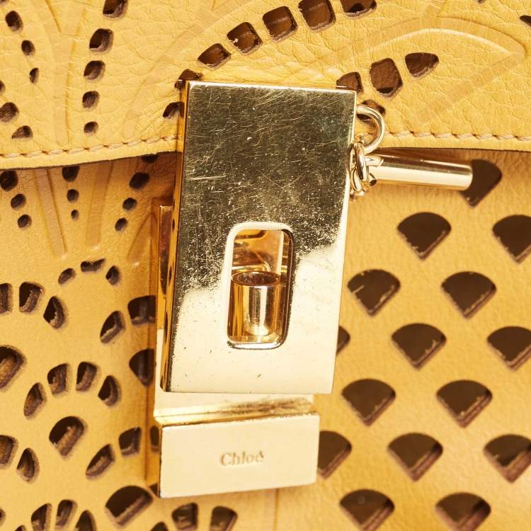 Pre Owned Chloe Mustard Pineapple Perforated Leather Medium Drew Shoulder Bag