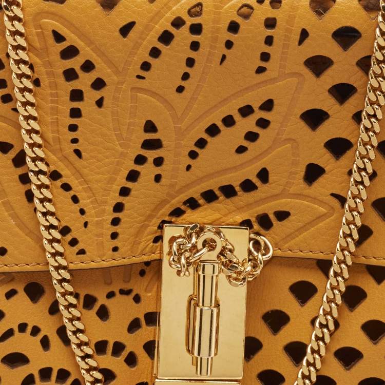Pre Owned Chloe Mustard Pineapple Perforated Leather Medium Drew Shoulder Bag