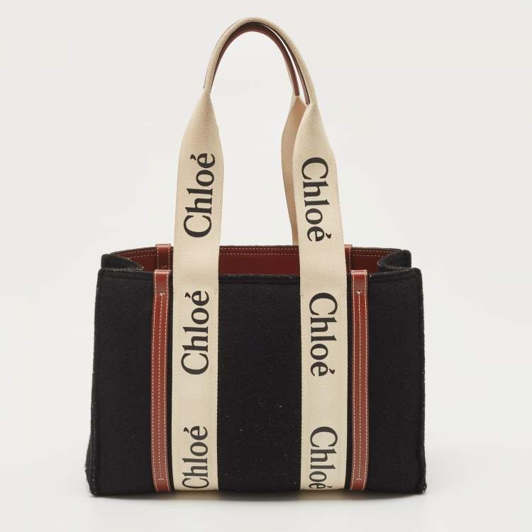 Pre Owned Chloe Black/Beige Wool and Leather Medium Woody Tote