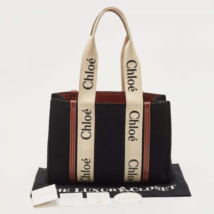 Pre Owned Chloe Black/Beige Wool and Leather Medium Woody Tote