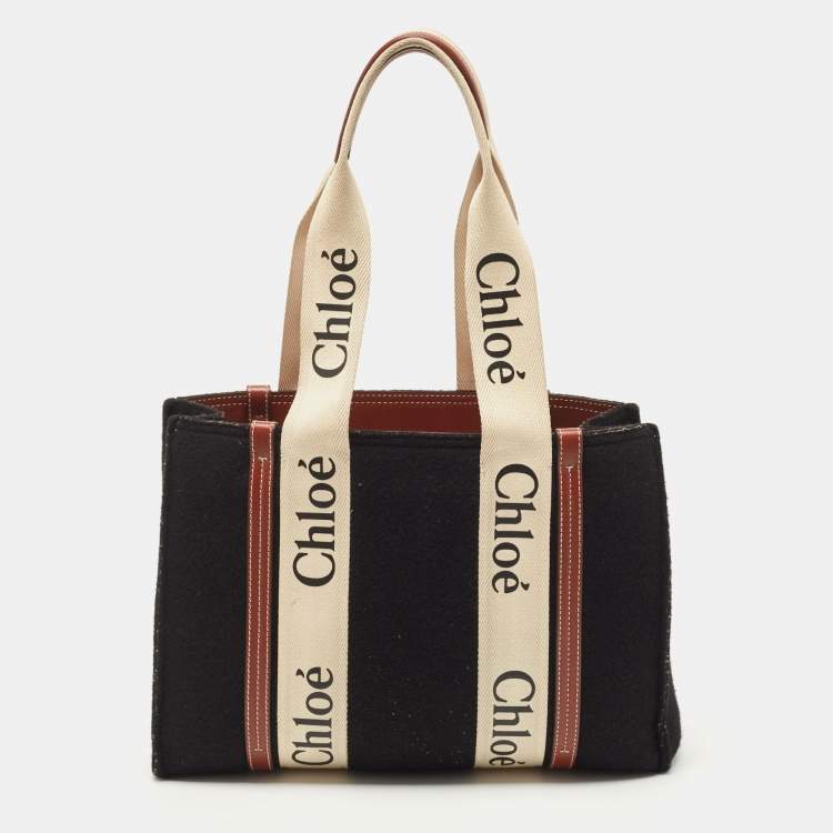 Chloe Black Beige Wool and Leather Medium Woody Tote Chloe TLC