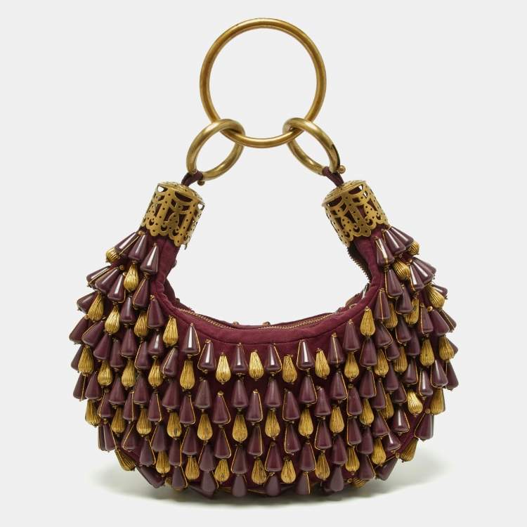 Pre Owned Chloé  Burgundy Beaded Canvas Ring Handle Hobo