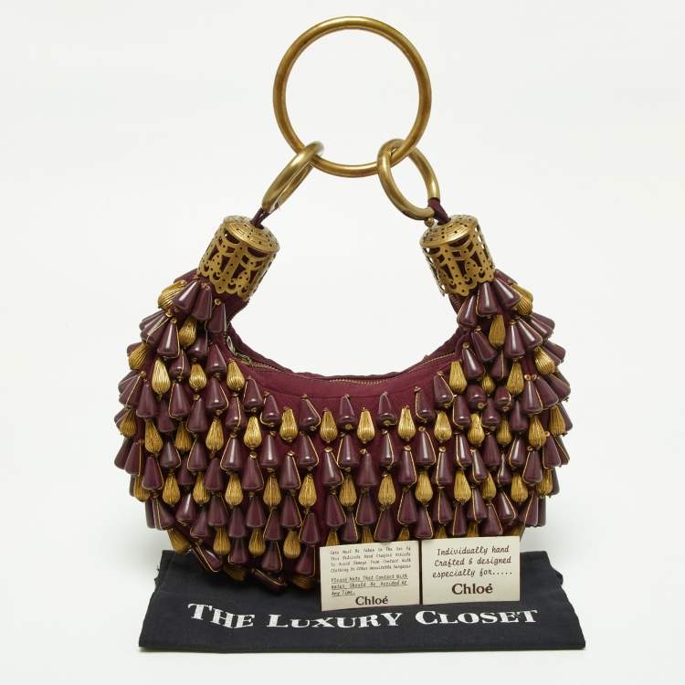 Pre Owned Chloé  Burgundy Beaded Canvas Ring Handle Hobo