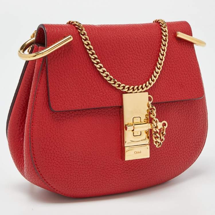 Pre Owned Chloe Red Leather Small Drew Chain Crossbody Bag