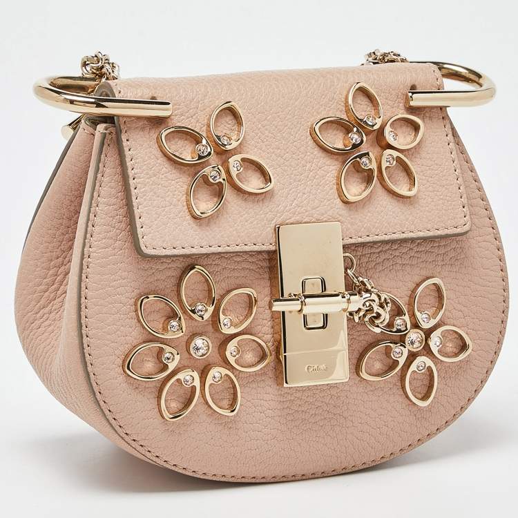 Pre Owned Chloe Pink Leather Nano Floral Metal Embellished Drew Crossbody Bag
