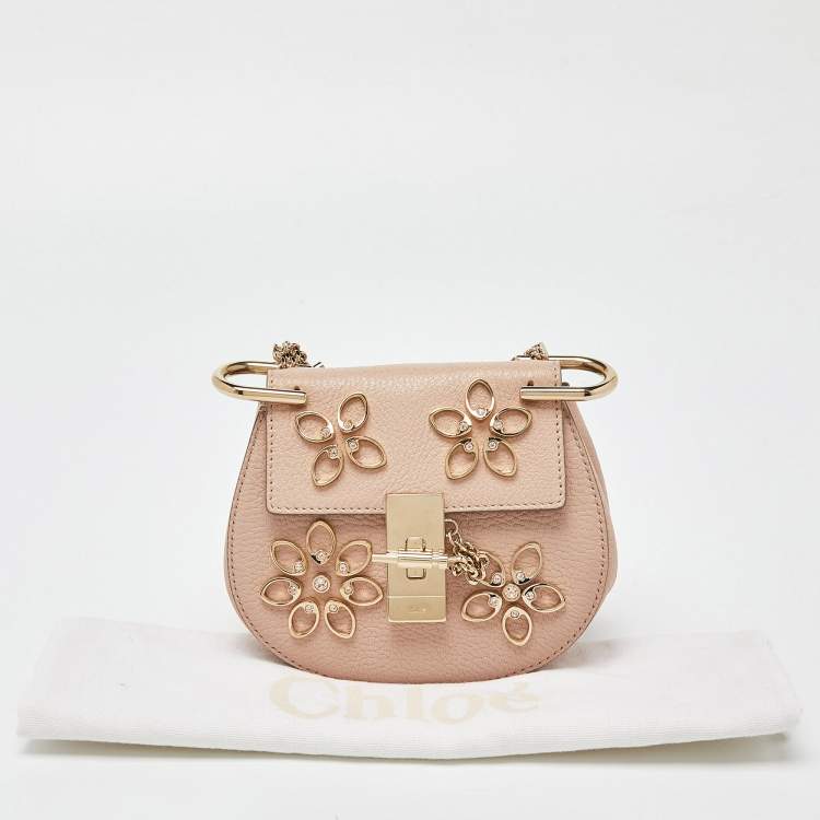 Pre Owned Chloe Pink Leather Nano Floral Metal Embellished Drew Crossbody Bag