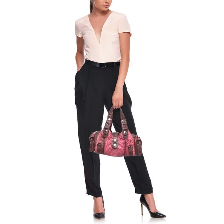 Pre Owned Chloe Burgundy/Pink Python and Leather Silverado Satchel