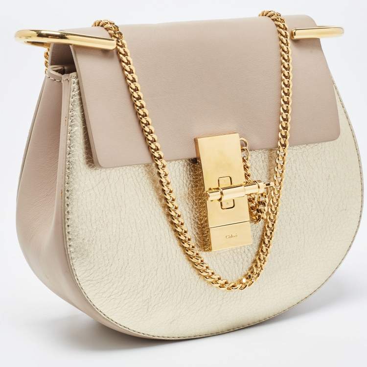 Pre Owned Chloe Gold/Beige Leather Small Drew Shoulder Bag