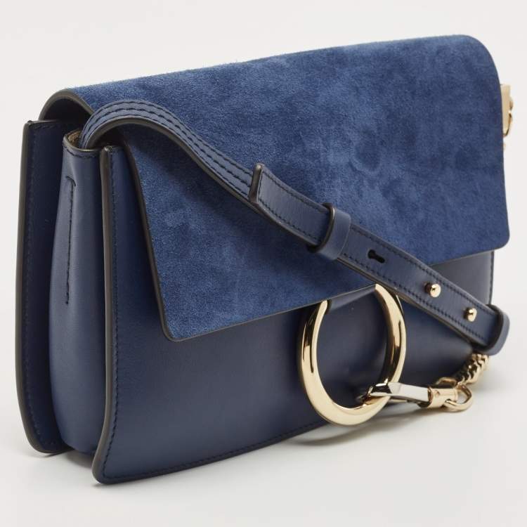 Pre Owned Chloe Navy Blue Leather and Suede Small Faye Shoulder Bag
