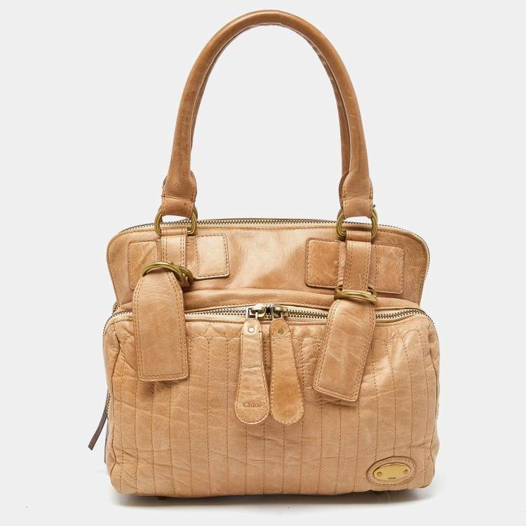 Pre Owned Chloe Beige Leather Front Zip Pocket Shoulder Bag