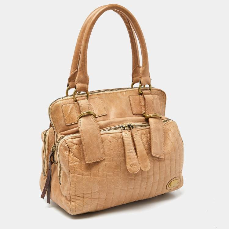 Pre Owned Chloe Beige Leather Front Zip Pocket Shoulder Bag