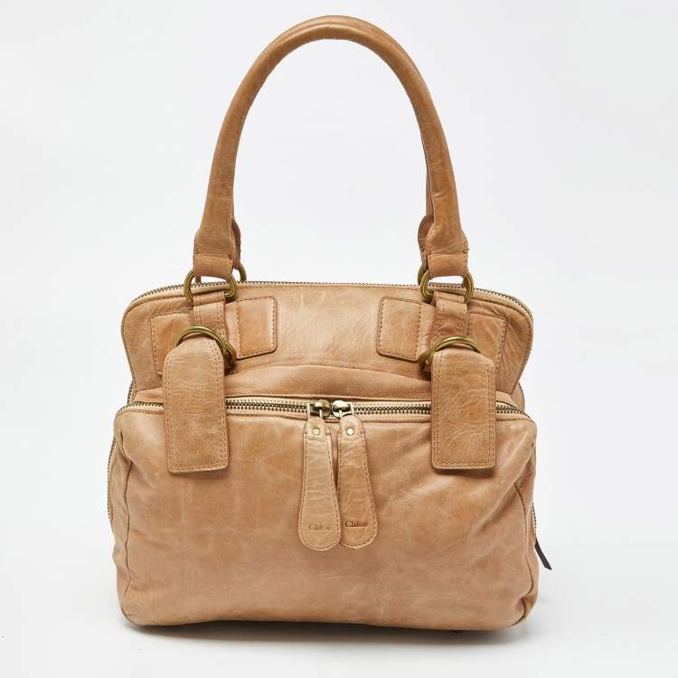Pre Owned Chloe Beige Leather Front Zip Pocket Shoulder Bag