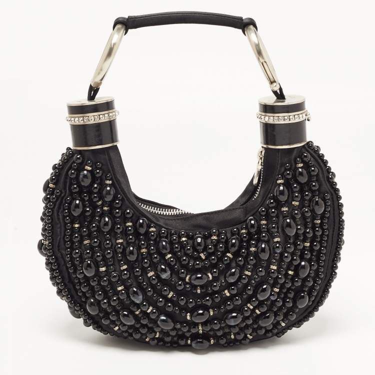 Pre Owned Chloé Black Satin Beaded and Crystal Hobo