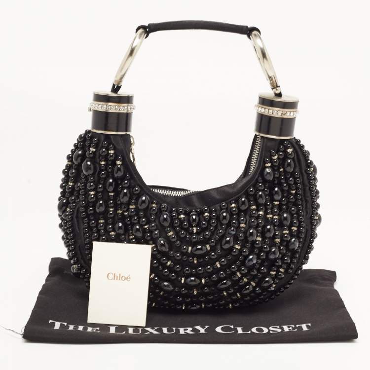 Pre Owned Chloé Black Satin Beaded and Crystal Hobo