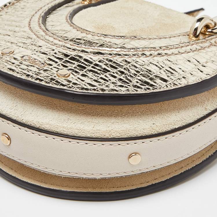 Pre Owned Chloe Gold/Beige Leather and Suede Mini Pixie Round Shoulder Bag