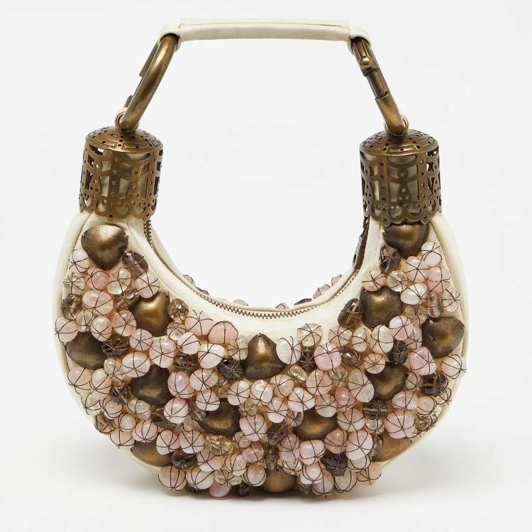 Pre Owned Chloé Beige Fabric Small Pebbles Stone Embellished Hobo