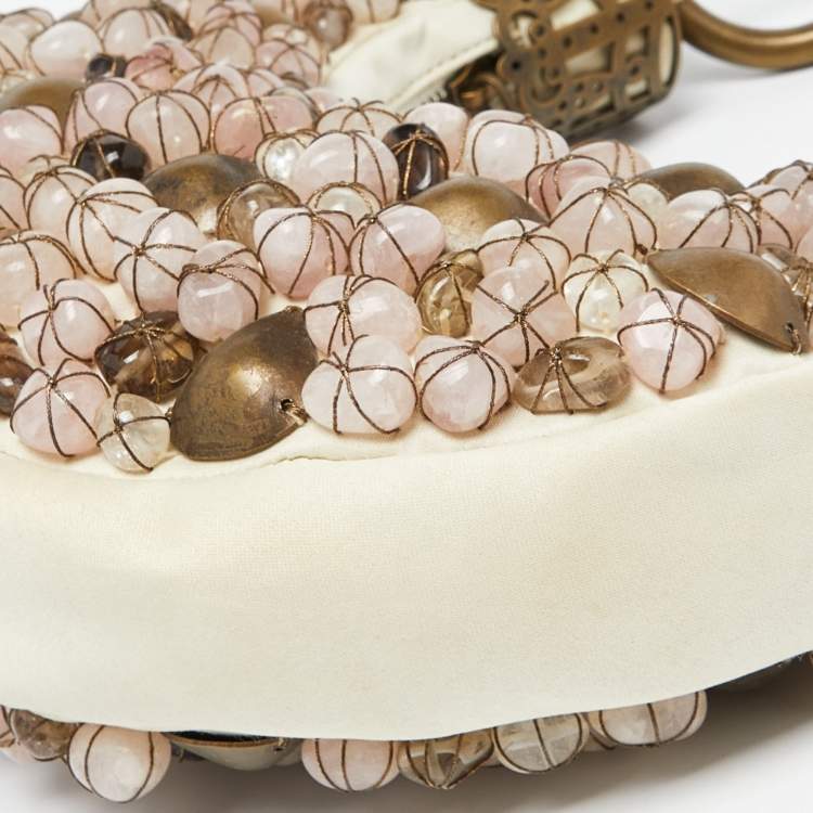 Pre Owned Chloé Beige Fabric Small Pebbles Stone Embellished Hobo
