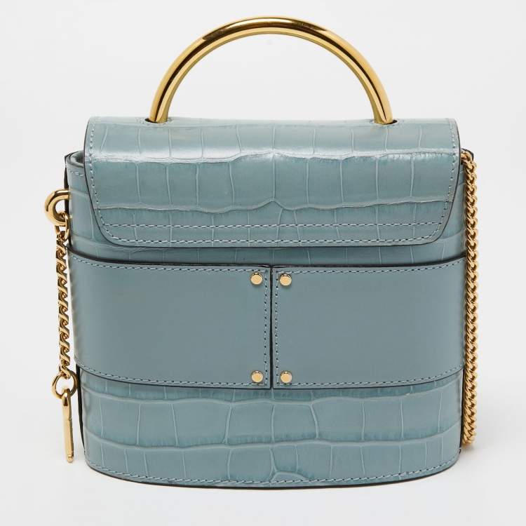 Pre Owned Chloe Pale Blue Croc Embossed Leather Aby Lock Crossbody Bag