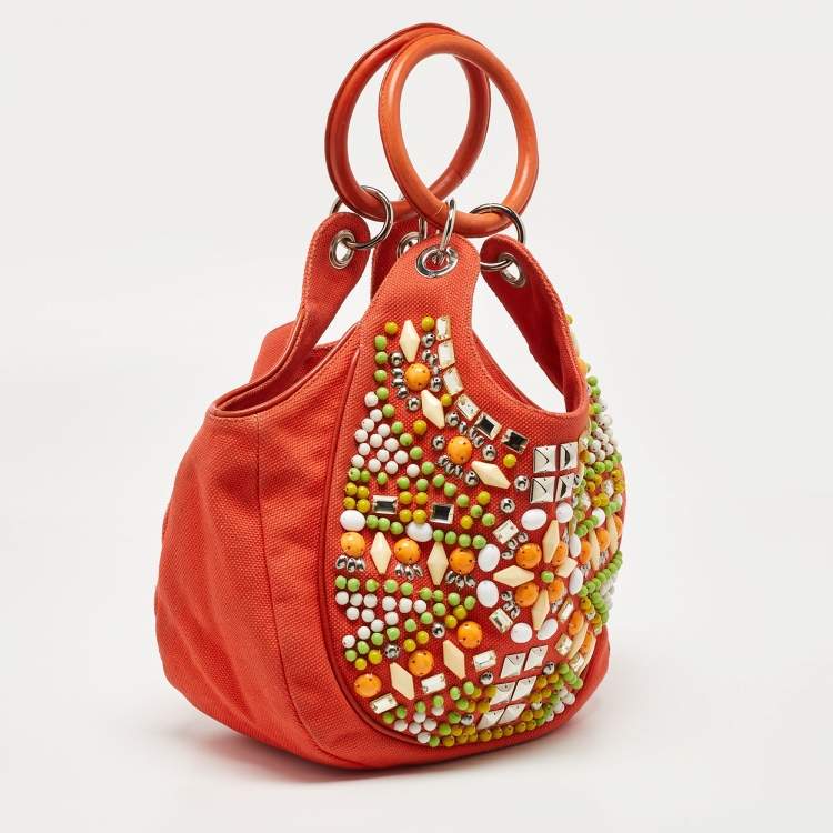 Pre Owned Chloe Orange Canvas and Leather Embellished Ring Handle Bag 