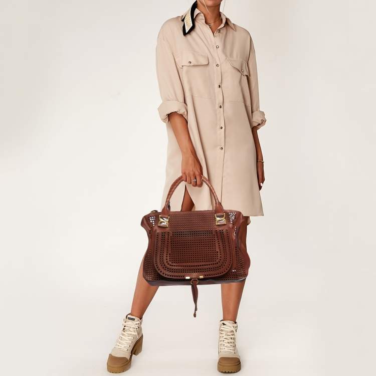 Pre Owned Chloe Brown Perforated Leather Large Marcie Satchel