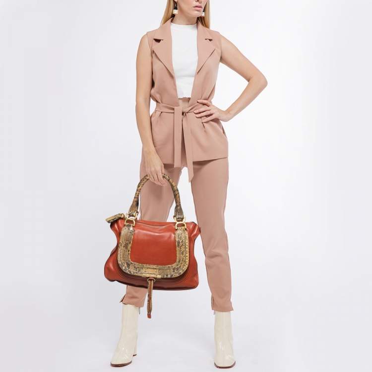 Pre Owned Chloe Tan/Beige Python And Leather Marcie Shoulder Bag