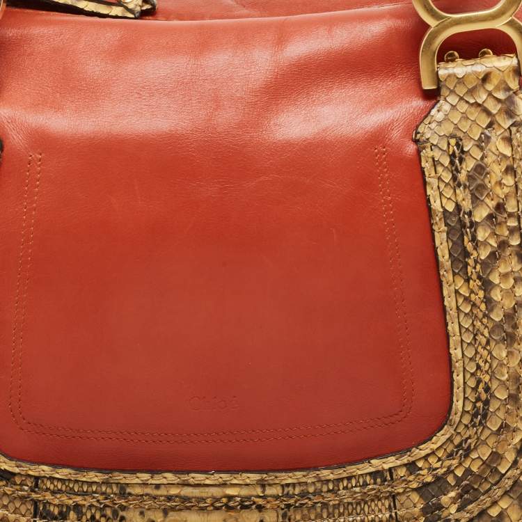 Pre Owned Chloe Tan/Beige Python And Leather Marcie Shoulder Bag