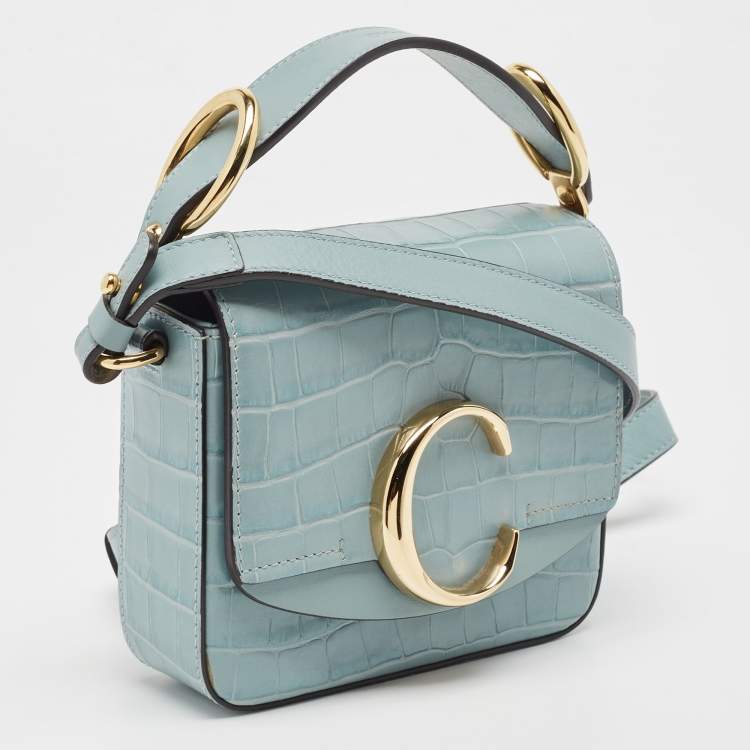 Pre Owned Chloe Light Blue Croc Embossed Leather Mini C Top Handle Bag