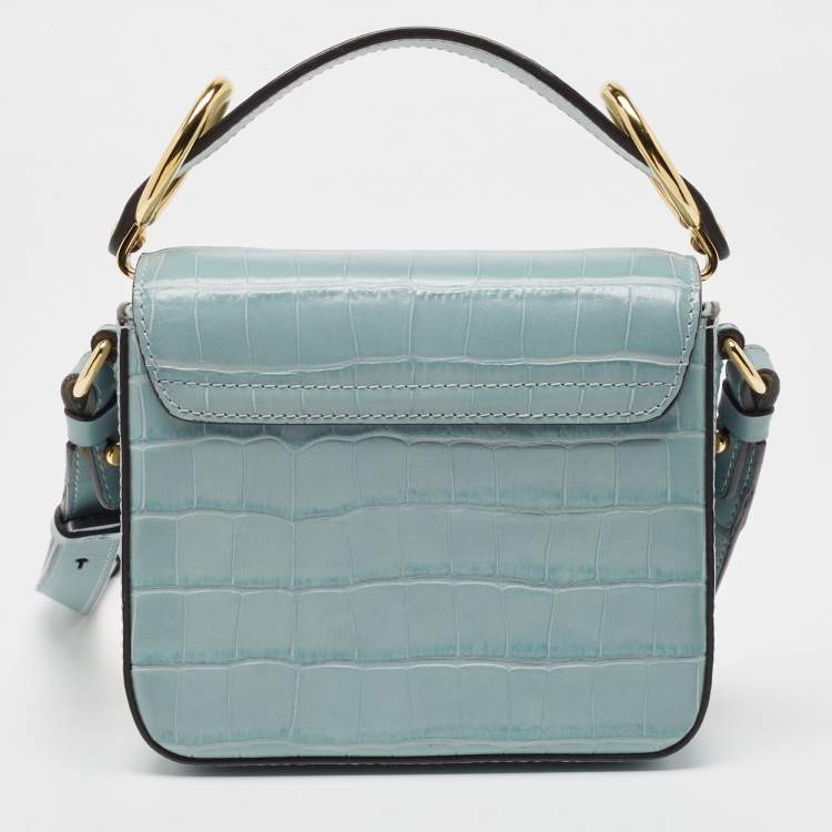 Pre Owned Chloe Light Blue Croc Embossed Leather Mini C Top Handle Bag