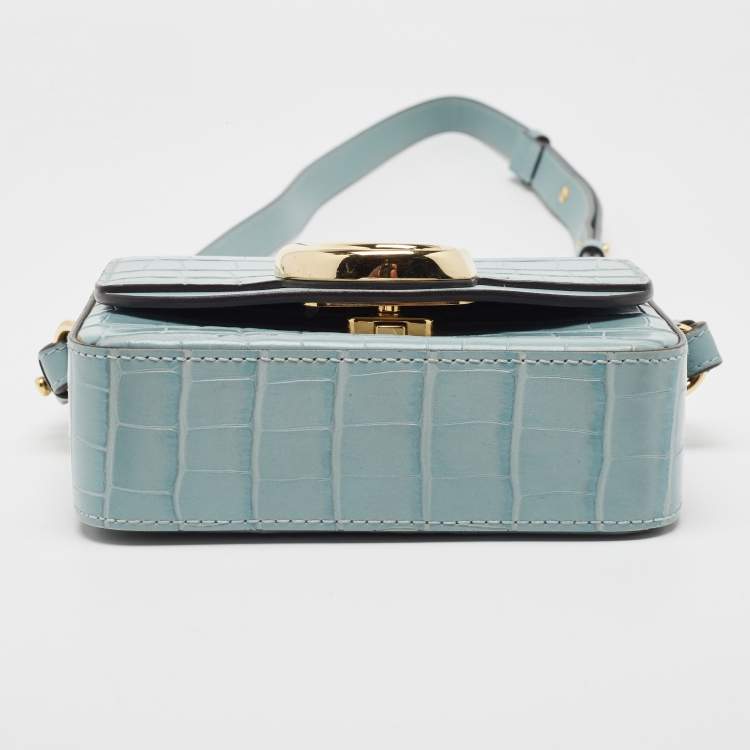 Pre Owned Chloe Light Blue Croc Embossed Leather Mini C Top Handle Bag