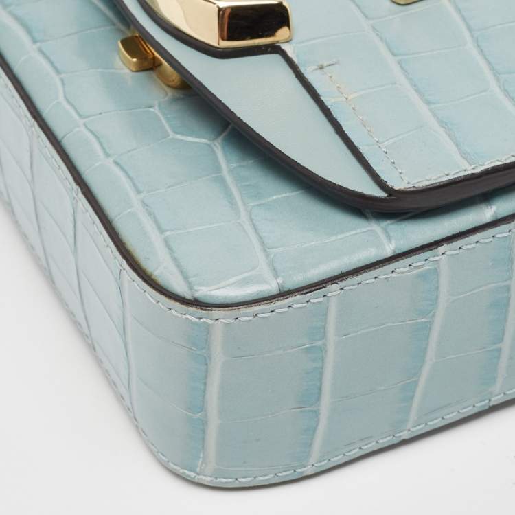 Pre Owned Chloe Light Blue Croc Embossed Leather Mini C Top Handle Bag