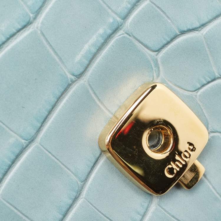 Pre Owned Chloe Light Blue Croc Embossed Leather Mini C Top Handle Bag