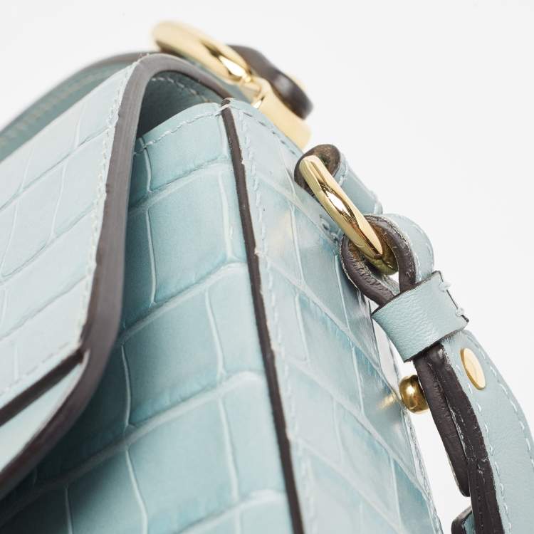 Pre Owned Chloe Light Blue Croc Embossed Leather Mini C Top Handle Bag