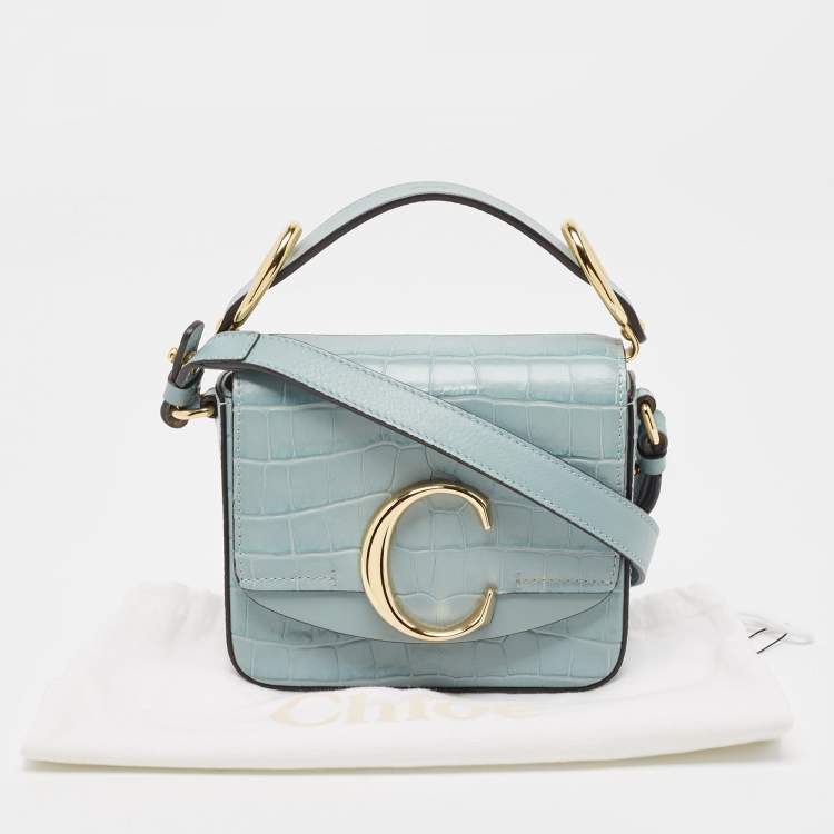 Pre Owned Chloe Light Blue Croc Embossed Leather Mini C Top Handle Bag