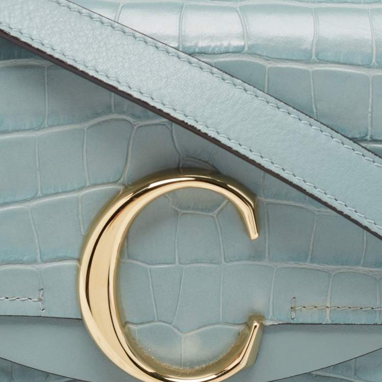 Pre Owned Chloe Light Blue Croc Embossed Leather Mini C Top Handle Bag