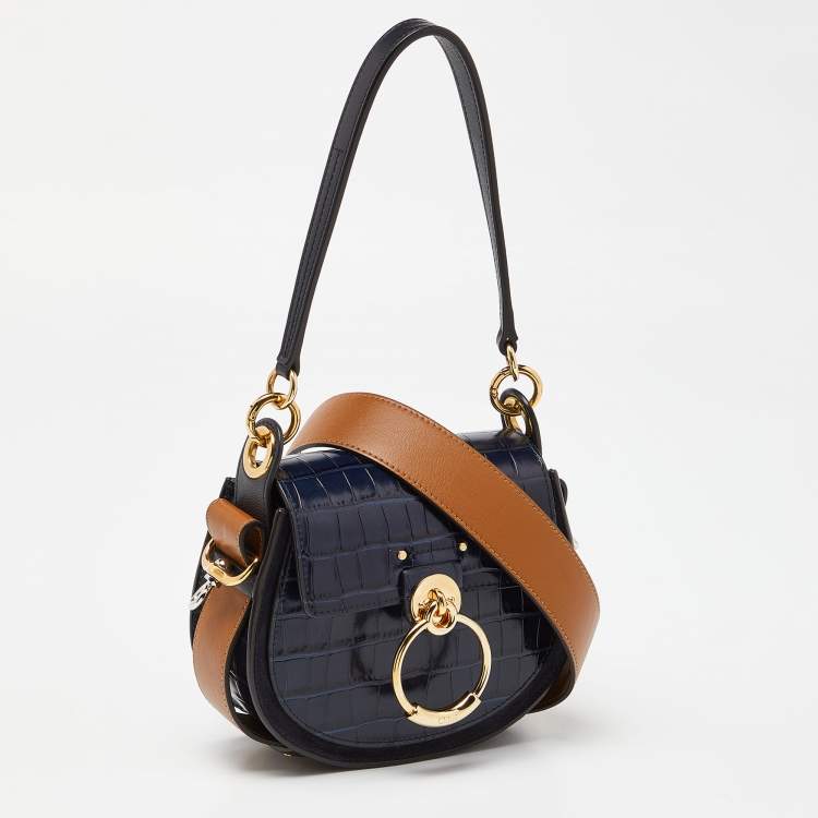 Pre Owned Chloe Blue/Tan Crocodile Embossed Leather, Suede and Leather Small Tess Crossbody Bag