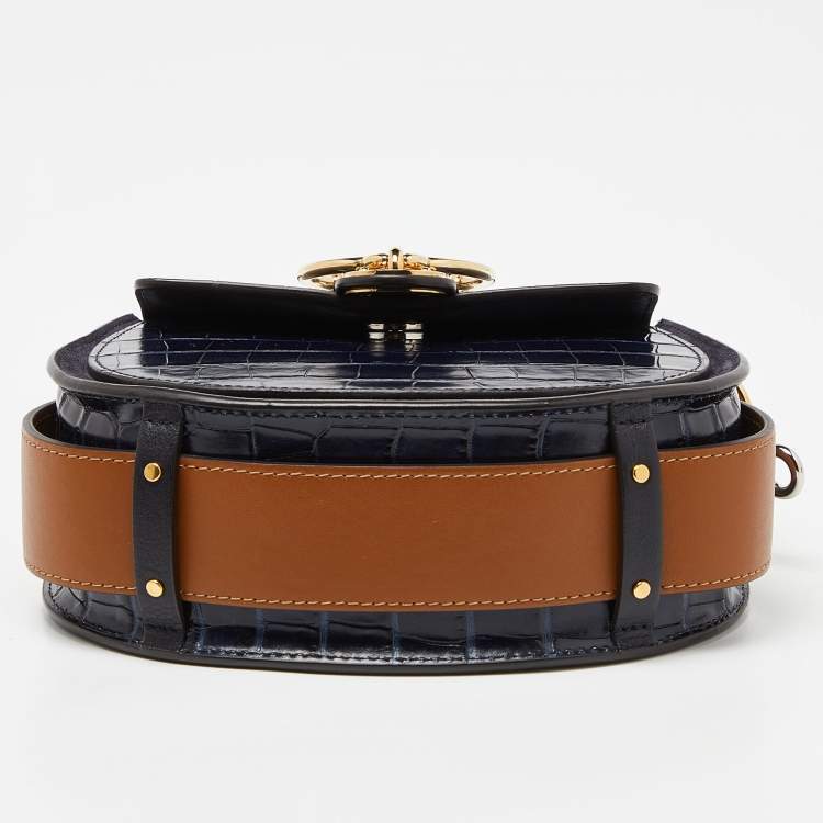 Pre Owned Chloe Blue/Tan Crocodile Embossed Leather, Suede and Leather Small Tess Crossbody Bag