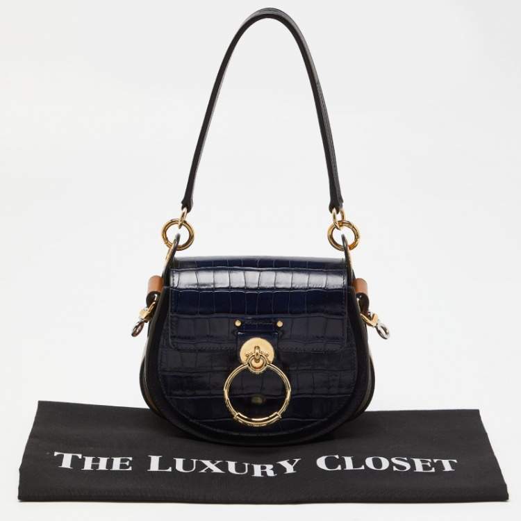 Pre Owned Chloe Blue/Tan Crocodile Embossed Leather, Suede and Leather Small Tess Crossbody Bag