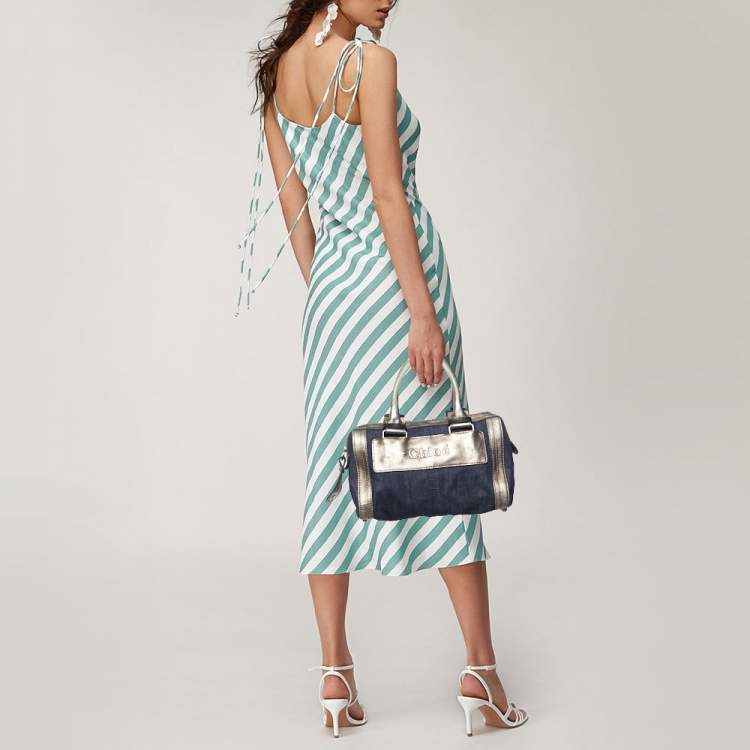 Pre Owned Chloe Blue/Metallic Denim and Leather Zip Satchel