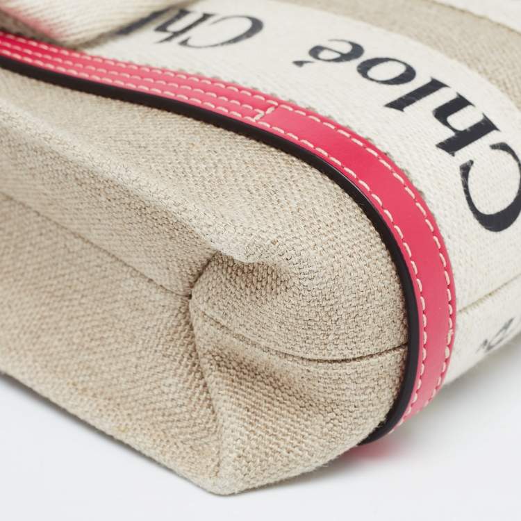 Pre Owned Chloe Pink/Beige Canvas and Leather Mini Woody Tote