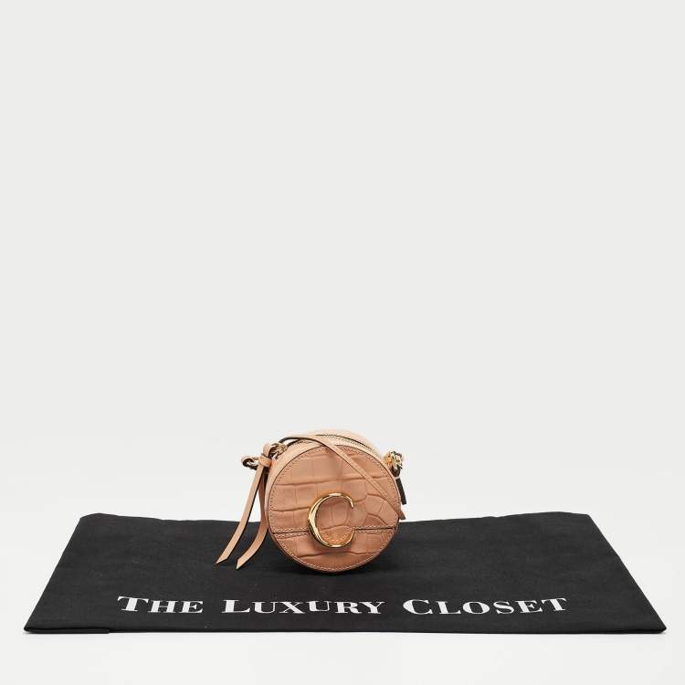 Pre Owned Chloe Peach Crocodile Embossed Leather Mini C Round Crossbody Bag