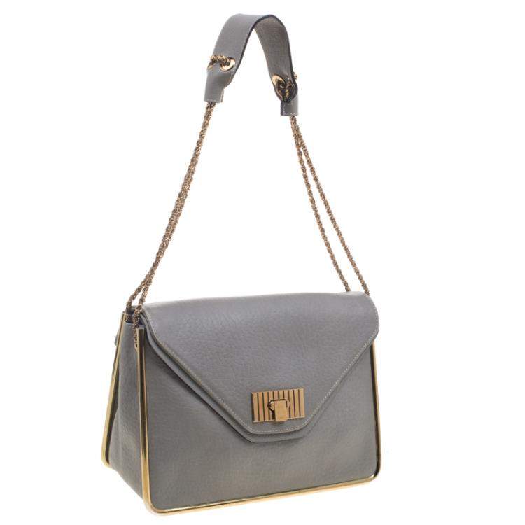 Pre Owned Chloe Grey Pebbled Leather Medium Sally Flap Shoulder Bag