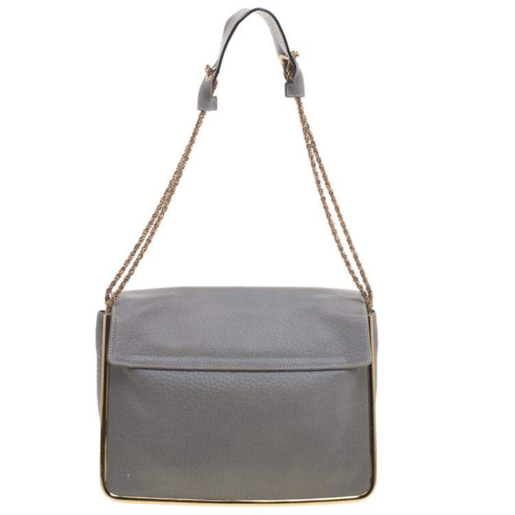 Pre Owned Chloe Grey Pebbled Leather Medium Sally Flap Shoulder Bag